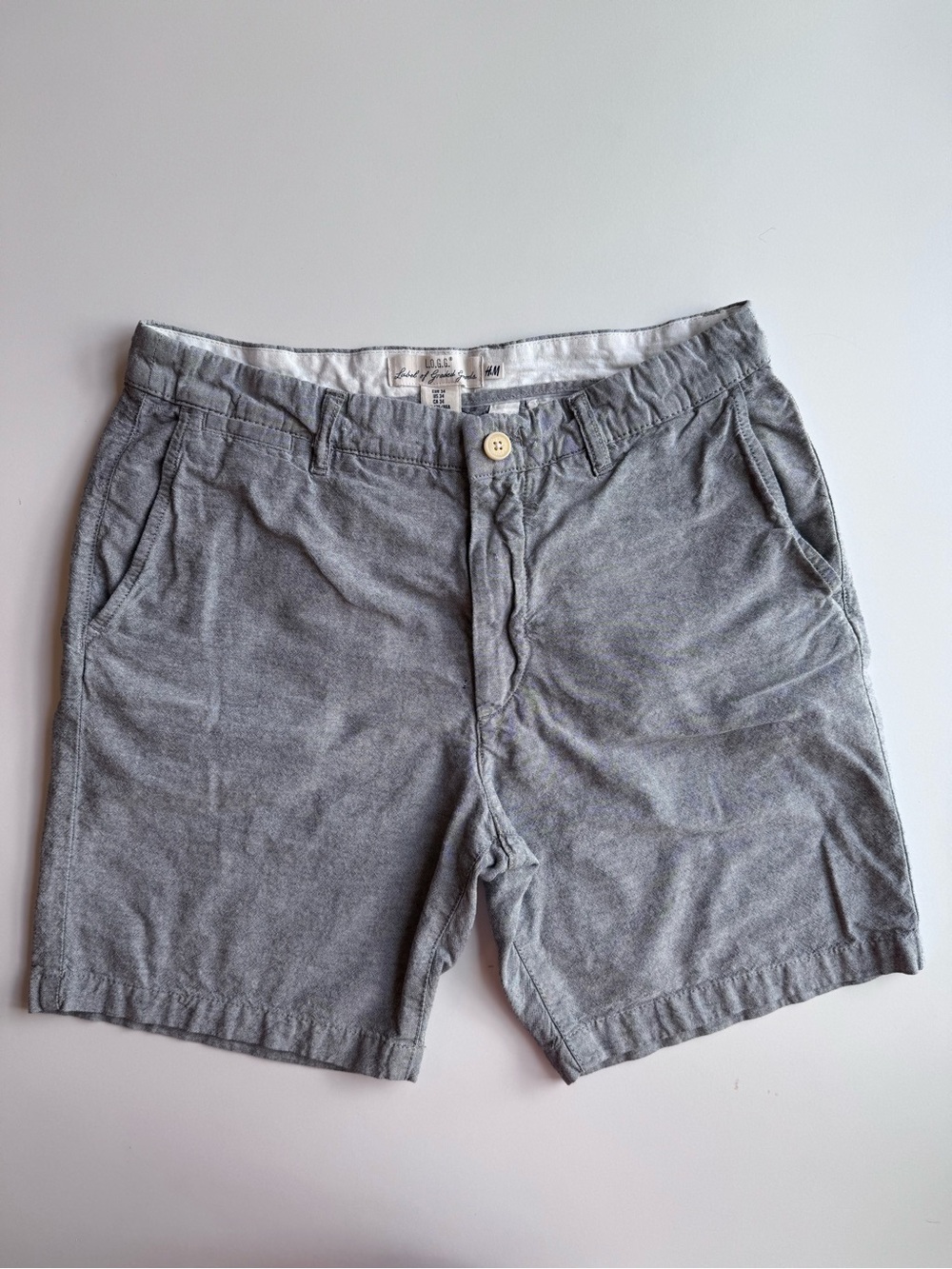 H&M LOGG Men’s Chino Shorts Size 34 Gray Chambray Cotton Flat Front